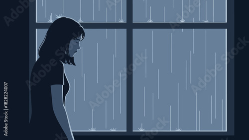 Minimalist Flat Illustration of a Lonely Woman by Rainy Window