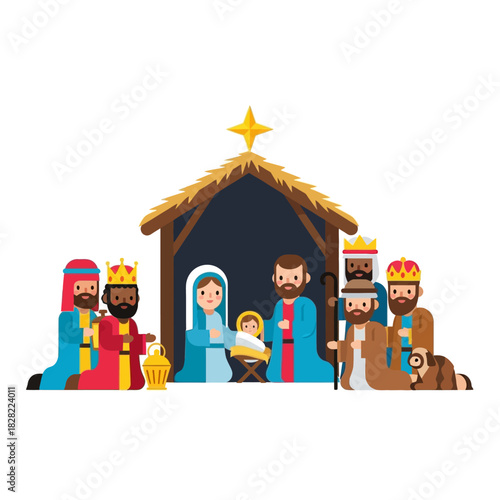 Flat Design Illustration of the Nativity Scene with Three Wise Men
