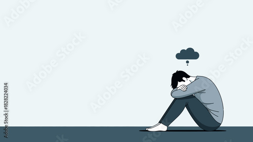 Flat Illustration of Thoughtful Man with Cloud Icon Showing Depression Mood