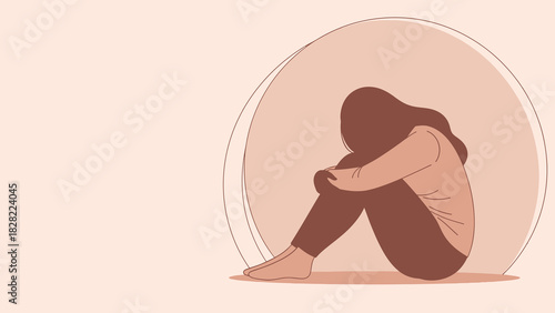 Flat Illustration of Sad Woman Sitting Curled up in Depression