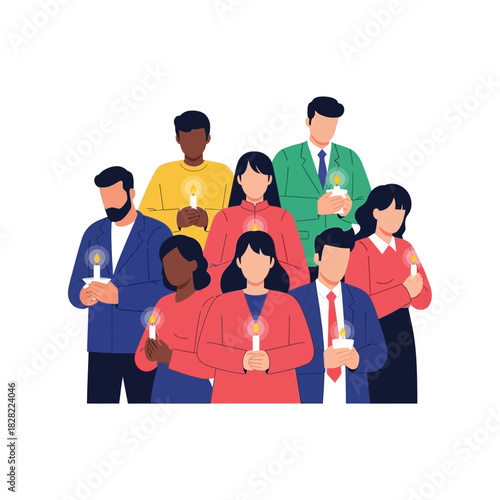 Flat Diverse Group of People Holding Candlelight Illustration for Peace
