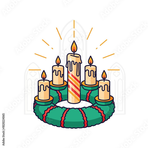 Minimalist Outlined Advent Wreath with Candles Religious Celebration Flat Illustration
