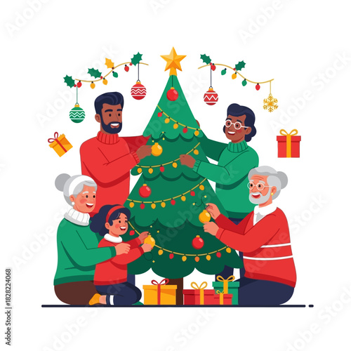Flat Style Happy Family Decorating a Christmas Tree with Ornament