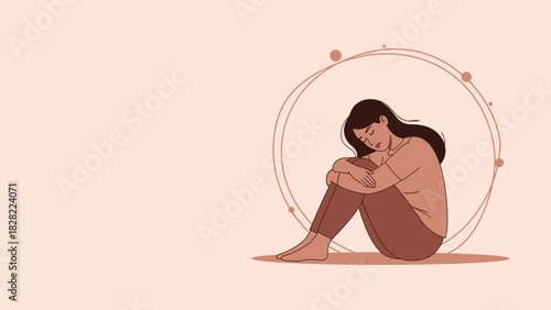 Simple Line Illustration of a Depressed Woman Sitting in Circle