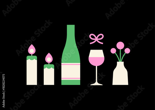 Minimalist Celebration Setup with Candles, Wine, and Flowers. Holiday Party items illustration.