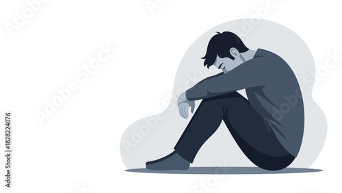 Flat Style Depressed Man Sitting Alone Illustration On White Background