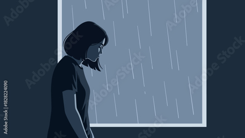 Minimalist Style Illustration of Sad Woman Looking Out Rainy Window