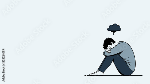 Minimalist Line Art Depressed Man with Thought Cloud Illustration