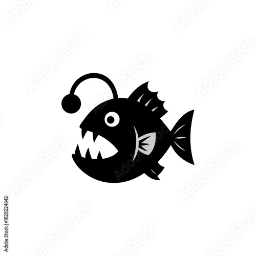 A bold black silhouette illustration of a deep-sea anglerfish 
