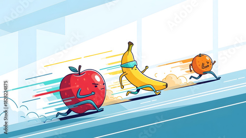 Fast Fruits Race Vector Illustration: Apple, Banana, and Orange Running on a Track