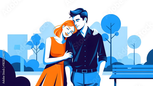 Romantic Couple Hugging in Park Vector: Love, Affection, and Relationship Illustration