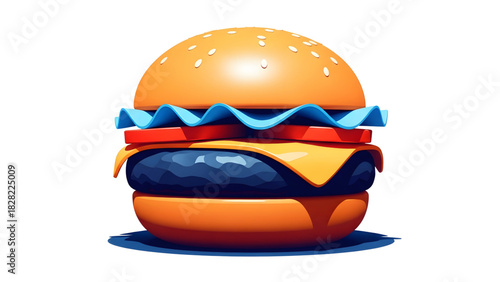 Vector Illustration of Glossy Hamburger with Cheese and Tomato, Fast Food, Stylized 3D Icon or Logo Element