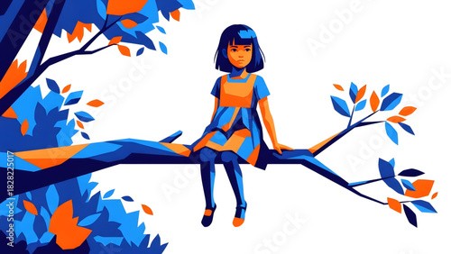 Vector Illustration of Little Girl Sitting on Tree Branch, Childhood, Nature Connection, and Blue Orange Art Style