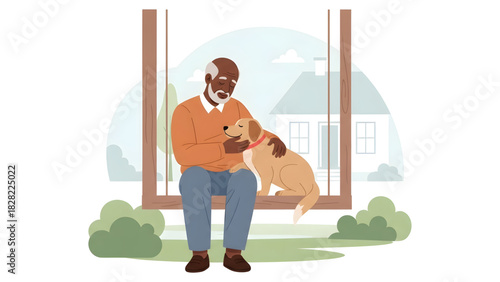 Flat Vector Illustration of Happy Senior Black Man Sitting on a Swing and Petting His Dog Outdoors, Retirement and Companionship