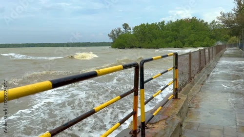 Strong waves hitting the seawall during rough sea conditions near the mangrove area.