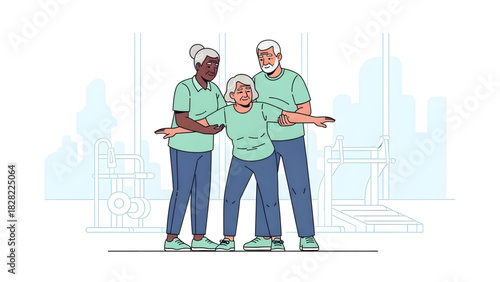 Senior Physical Therapy Vector Illustration: Elderly Rehabilitation, Fitness, and Care