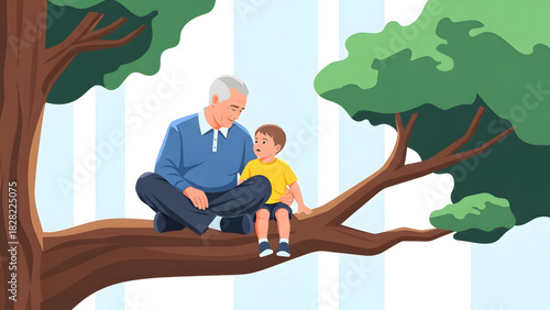 Grandfather and Grandson Talking on Tree Branch Vector: Family, Storytelling, and Childhood