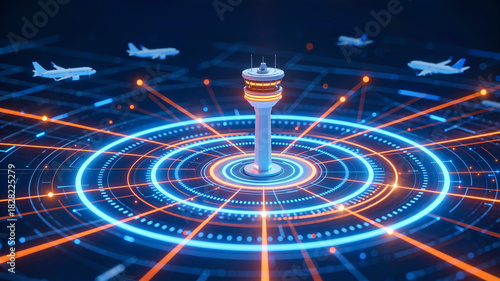 Air traffic control tower regulating airplanes on a futuristic digital radar network