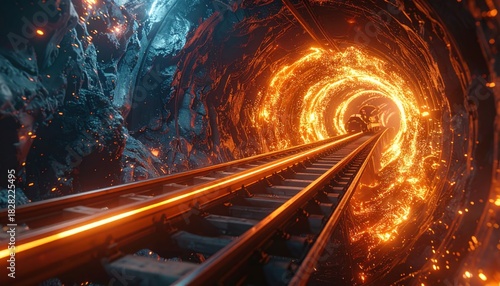 A futuristic train tunnel illuminated with fiery light creating a stunning visual journey