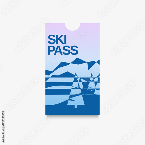 Ski pass vector template. Abstract style ticket for snowboarding and winter entertainment. 