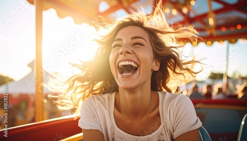 Blonde woman laughing joyfully on a carousel ride in amusement park during sunny day