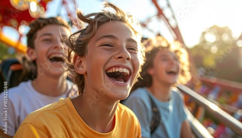 Exuberant laughter of teenagers on a thrilling roller coaster ride at a fun park