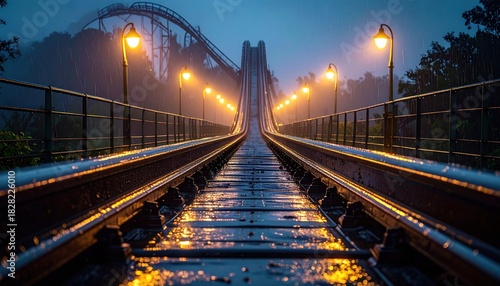 Illuminated Rollercoaster Tracks on a Rainy Night Creating an Atmospheric Scene