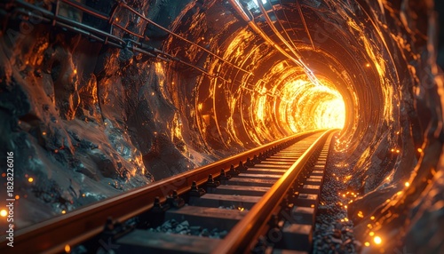 Illuminated Underground Train Tunnel Leading to Bright Light Ahead Destination Journey