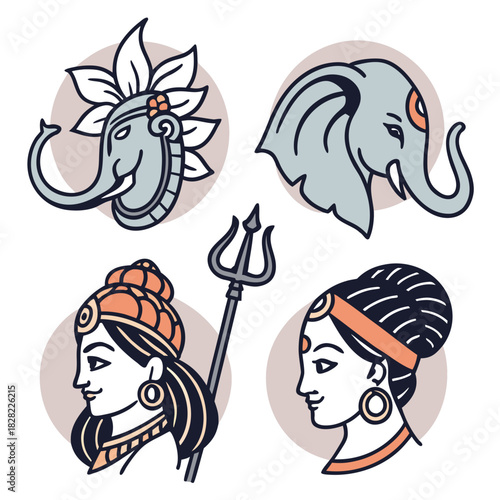 Hindu Gods and Goddesses Icon set: Illustrative depiction of four prominent figures from the Hindu pantheon. Including detailed profiles and symbolic motifs.