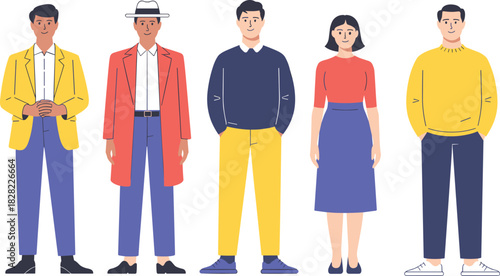 Fashion group vector illustration, stylish people in modern outfits, diverse clothing styles, urban fashion scene, cad drawing flat vector illustration