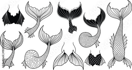 Mermaid tail vector illustration, black and white fantasy fins, mythical sea creature designs, ocean theme clipart, cad drawing flat vector illustration