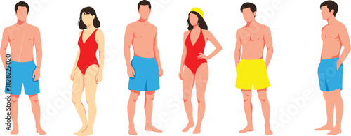 Beachwear fashion vector illustration, summer swimwear lineup, stylish people in swimsuits, poolside scene artwork, cad drawing flat vector illustration