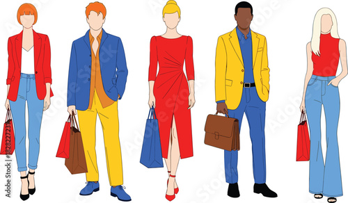 Fashion shopping vector illustration, stylish people with bags, retail scene, colorful outfits, urban lifestyle, cad drawing flat vector illustration