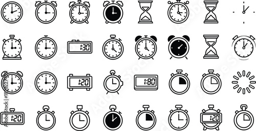 Clock and timer icon set, analog digital time symbols, stopwatch hourglass graphics, countdown interface design, vector timekeeping illustration