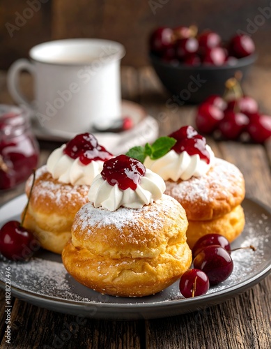 Wallpaper Mural Pastry, whipped cream, cherry topping, and fresh fruit on a plate Torontodigital.ca