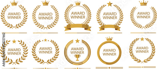 Award winner badge set, gold emblem design, trophy icon vector, laurel wreath graphics, achievement symbol collection, premium recognition template
