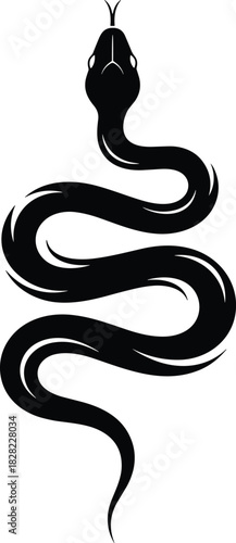 Snake silhouette vector illustration, black reptile winding shape with forked tongue, top view isolated on white background for tattoo and logo design.