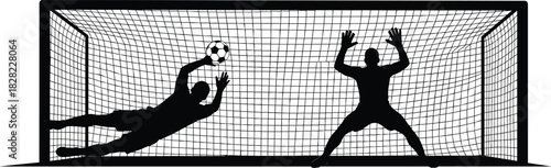 Soccer goal net with two goalkeeper silhouettes, one diving to catch ball and another standing ready, black vector illustration isolated on white