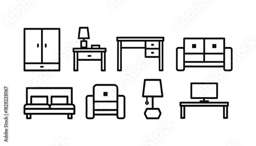 Modern Home and Office Furniture Line Icons Set: Interior Design Collection Featuring Wardrobe, Nightstand, Desk, Sofa, Bed, Armchair, Lamp, and TV Stand