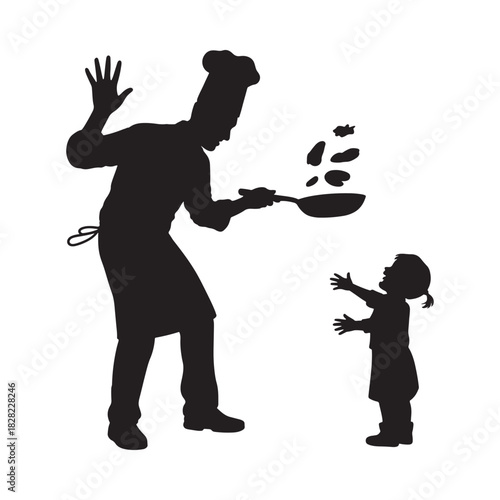 Chef and child making pancakes together silhouette