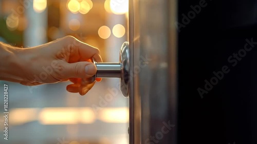 Hand opening door with metallic handle and blurred background