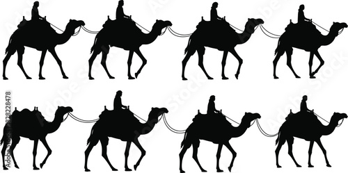 Silhouette vector illustration of camel riders traveling in caravan formation, desert transportation concept, traditional journey scene, nomadic exploration 