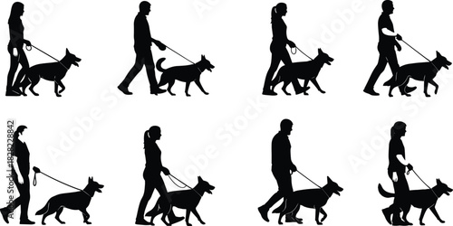 Silhouette collection of men and women walking dogs on leashes, various poses and movements, detailed vector illustration for pet care, training, outdoor activity and lifestyle themes