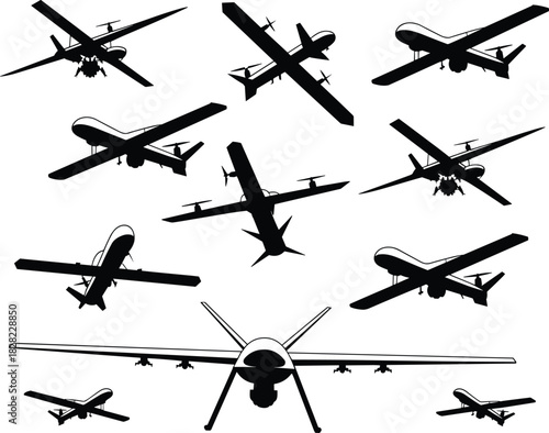 Silhouette collection of military drones in different flying angles, unmanned aerial vehicle vector illustration, aircraft technology and surveillance aviation concept design