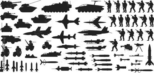 Silhouette collection of military vehicles, tanks, soldiers, aircrafts, and missiles, vector illustration showing modern army equipment and combat technology design
