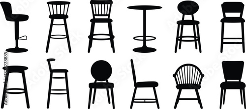 Silhouette collection of various modern and classic chairs and tables, furniture vector illustration, home decor, dining and interior design elements