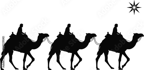 Silhouette illustration of three camel riders traveling together under a guiding star, depicting traditional desert journey, caravan culture, nomadic lifestyle, and Middle Eastern scenery