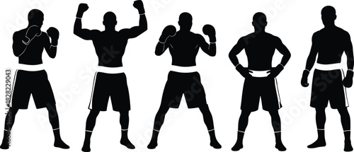 Silhouette illustration of male boxers in various fighting stances and poses, showcasing strength, training, combat readiness, athletic preparation, fitness, and sports action