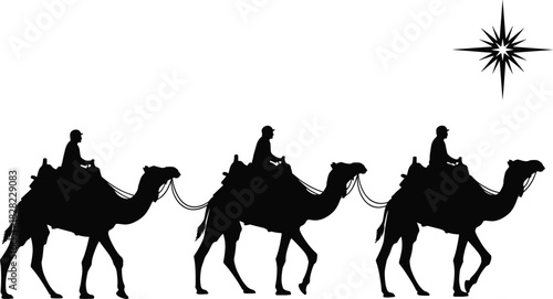 Silhouette illustration of three wise men riding camels following the bright guiding star, traditional biblical Christmas scene suitable for holiday designs and seasonal vector artwork
