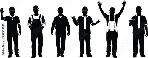 Silhouette set of construction workers wearing helmets, engineer holding clipboard, builder in overalls, industrial crew team vector illustration isolated on white background